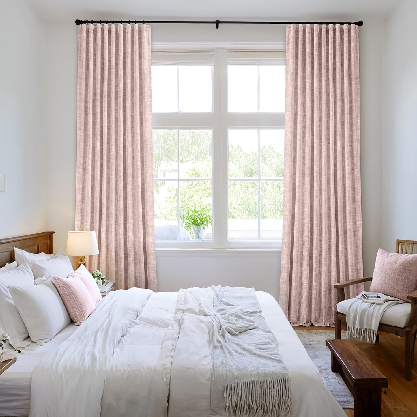 MIULEE Baby Pink 100% Blackout Linen Curtains 84 Inch 2 Panels Set Double Sided No Coating Pleated Back Tab Black Out Long Thermal Insulated Pinch Pleat Bedroom Living Room Darkening Window Drapes