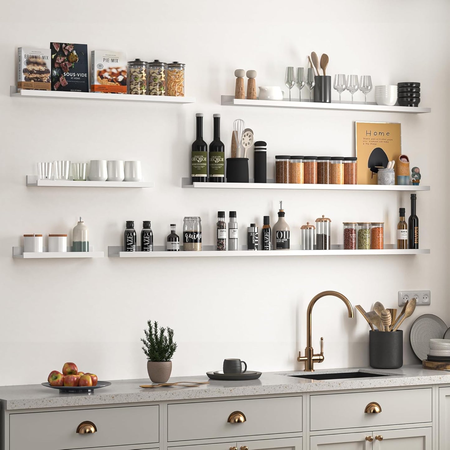 Heimlove Picture Ledge Shelf, Floating Shelves Set of 2, 48 Inches Picture Shelf for Wall with Ledge, Kids Bookshelf Wall Mounted for Living Room Bedroom Decor Books Photo Frames, White