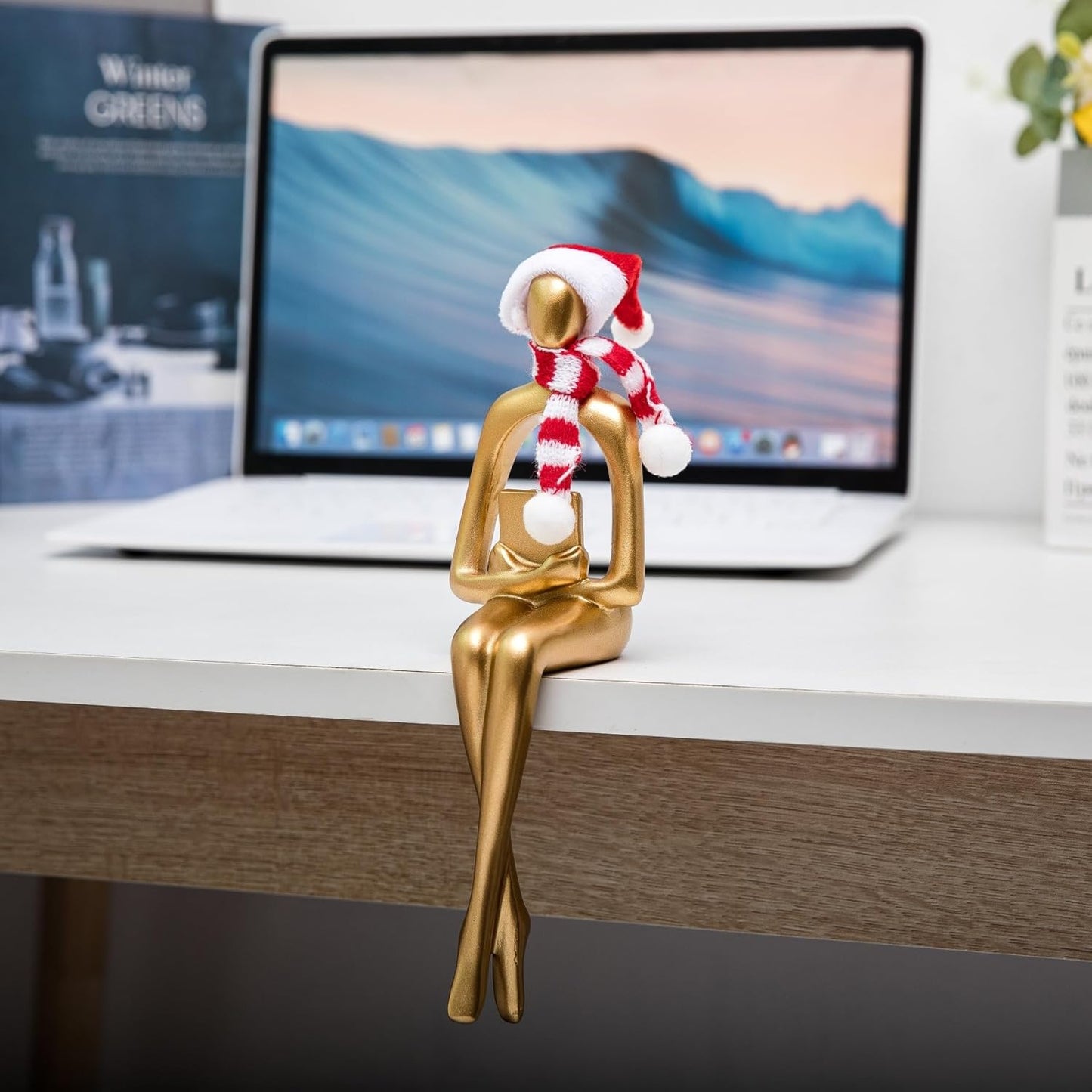 Christmas Gold Home Decor Thinker Statue Accents, 2025 Xmas Thinker Sculptures Office Decor Modern Abstract Decoration on Shelf Table Desk for Living Room Office Bedroom Comes with Christmas Hats