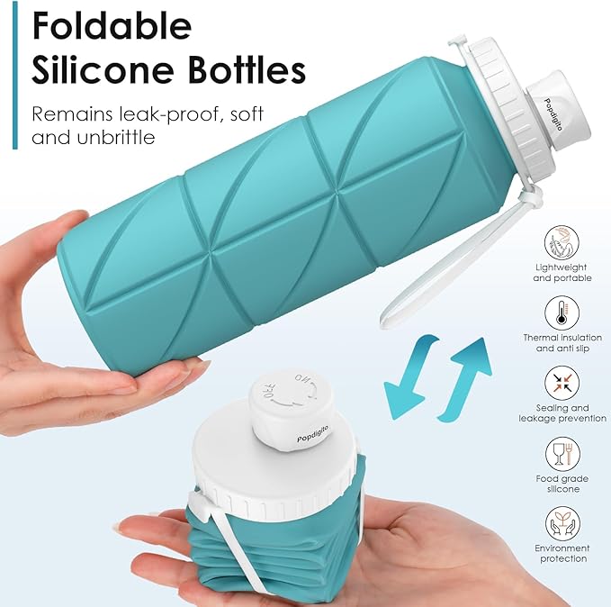 23oz Collapsible Silicone Water Bottle, BPA Free, Portable for Hiking, Travel, Camping, Yoga, Foldable, Leakproof, Lightweight, 690mL