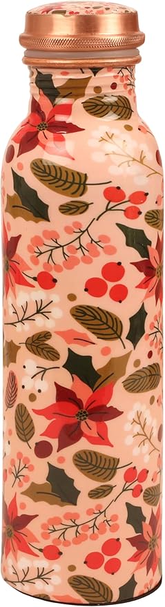 Pure Copper Water Bottle - Handcrafted - Ayurveda Health Benefits - Large 35 oz - Leak proof - Easy to carry for Sports, Fitness, Yoga, School - Textured Multicolor Floral.