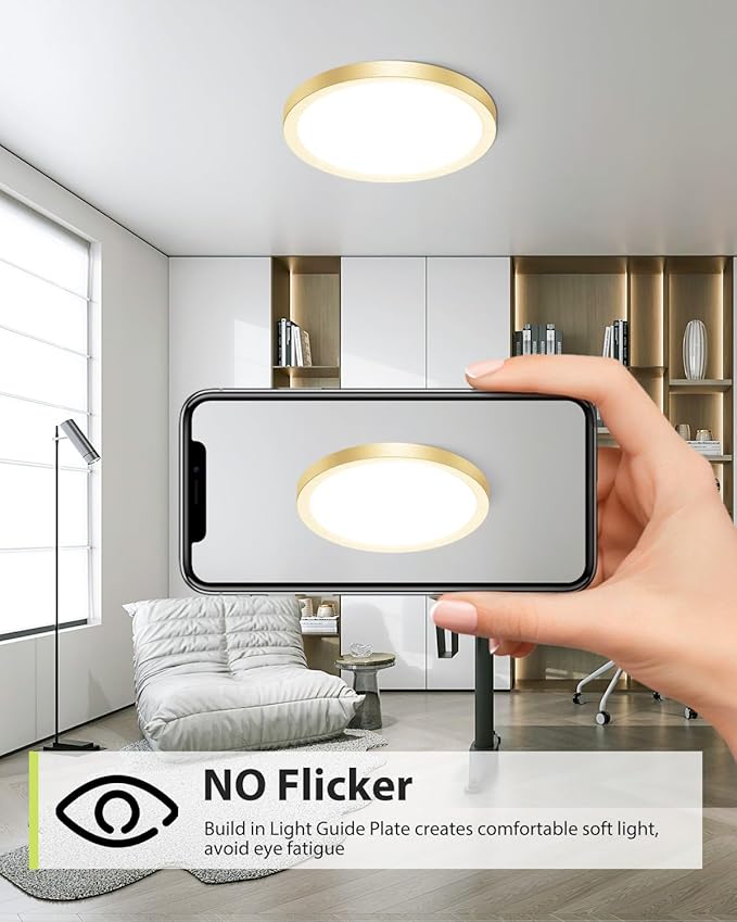 hepside 2PACK Flush Mount LED Ceiling Light Fixture Golden, 12Inch 28W, Dimmable 3000K-4500K-6000K 3 Color Selectable Ceiling Lamp 3200LM Low Profile Ceiling Light for Kitchen Bedroom Hallway