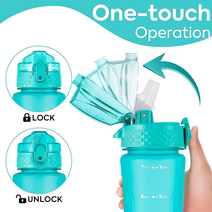 OLDLEY Kids Water Bottle for School with Straw Chug Lid, 15 oz Unbreakable Leak-Proof BPA-Free Motivational Water Bottles with Time Marker for Travel Sports Gym, 2 Lids,Mint
