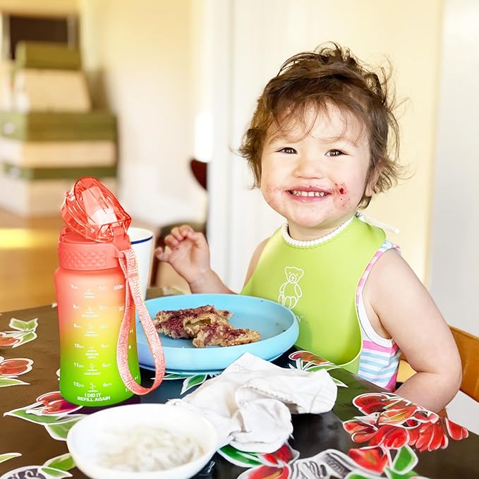 OLDLEY Kids Water Bottle for School, 12 oz (2 lids) BPA-Free Reusable Leak-proof Durable Tritan Plastic Water Bottles with Straw & Chug Lids, Anti-dust Spout Cover (Sweet Orange)