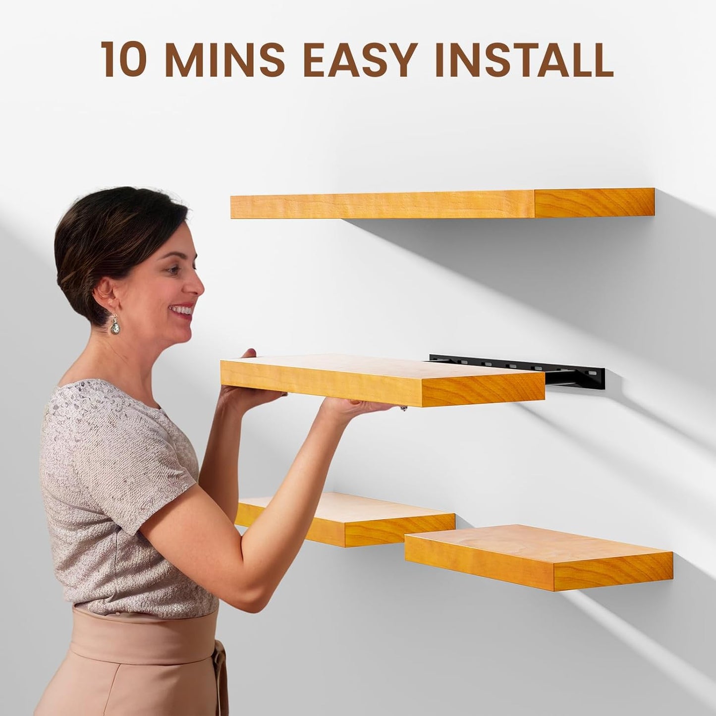 Honey Oak Brown Floating Wall Shelves 24 Inches Long x 8”x 1.4” Wooden Shelf Floating Rustic Farmhouse Decor, Heavy Duty Shelf Hold 60 lbs, Wall Shelves for Bathroom Living Room Kitchen Bedroom Office