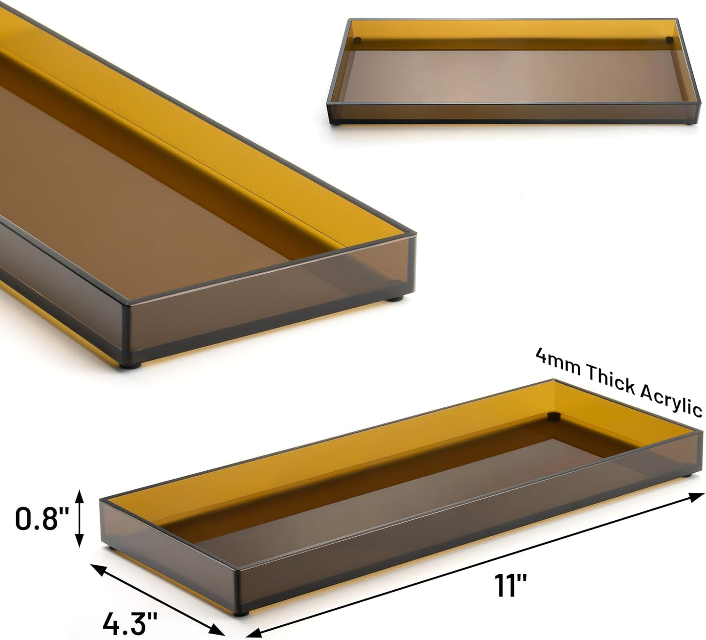 11" x 4.3" Bathroom Vanity Tray Acrylic Decorative Counter Organizer for Soap Dispenser, Perfume, Candle, Makeup - Rectangle Tray for Sink, Toilet Tank, Dresser Home Decor, Small Brown