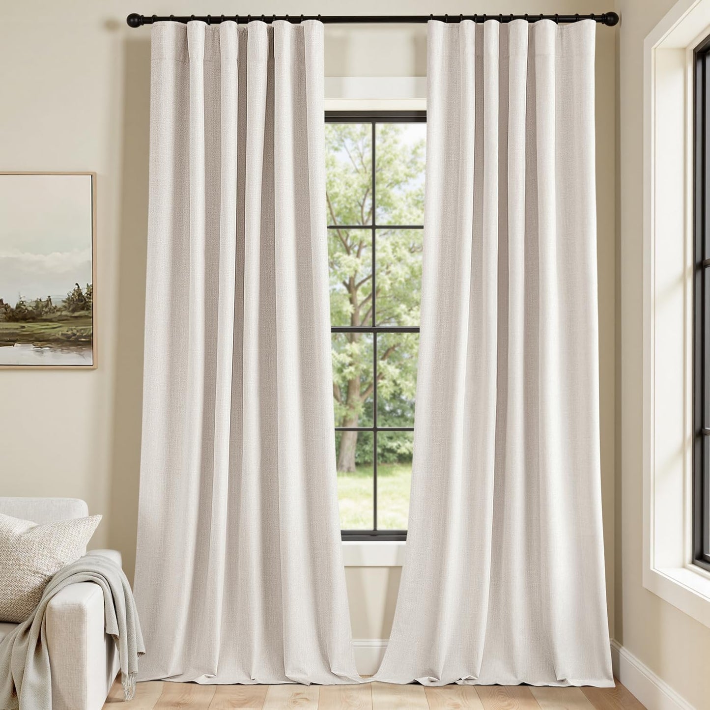 MIULEE 100% Blackout Curtains 102 Inch Long 2 Panels for Bedroom, Thick Luxury Faux Linen Black Out Curtain Room Darkening Back Tab Pleat Window Textured Drapes with Hooks for Living Room, Ivory