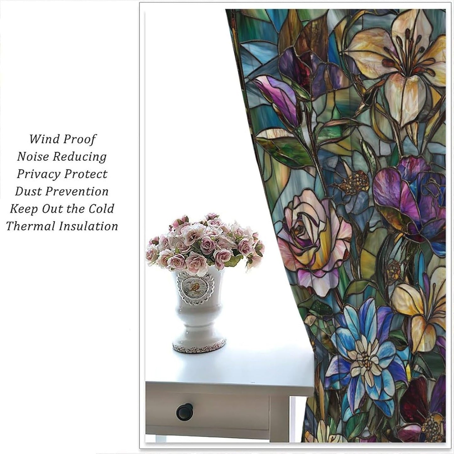 Stained Glass Curtains,Retro Colored Glass Flowers Art Home Decor Drapes for Bedroom Living Room Kitchen Window Treatment 2 Panels Set Total Size 63" W X 72" L Inch