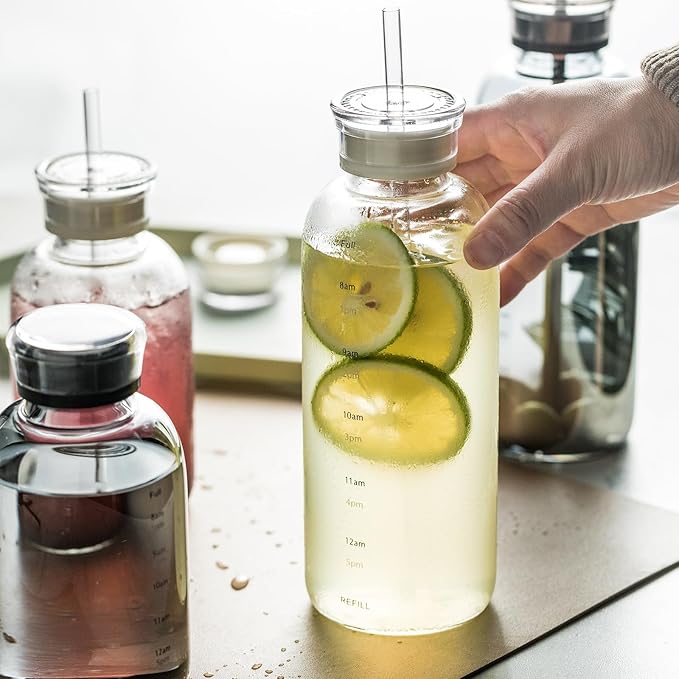 Glass water bottle With Time Marker -15oz with 2 caps and straw,Reusable Glass Drinking Bottles,Suitable For Drinks, Juices, Sodas, Coke, As Gifts Etc (Smoky 15oz)