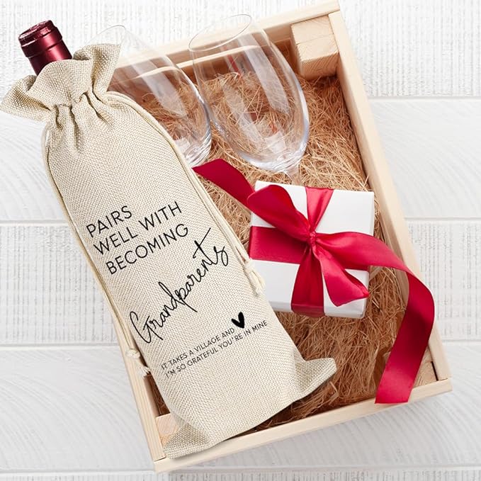 YAANUNULU Grandparents Gifts, Pregnancy Announcement Wine Bag, Pairs Well with Becoming Grandparents Wine Bag, Grandmother Grandfather Gifts, Party Decorations