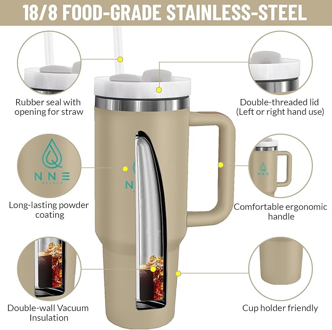 40oz stainless Steel Insulated Tumbler with Handle, lid and straw for cold water, Iced tea, or coffee - 100% Leak-Proof - Cupholder Friendly Travel Mug- Gifts for Women Men Him Her (Brown)