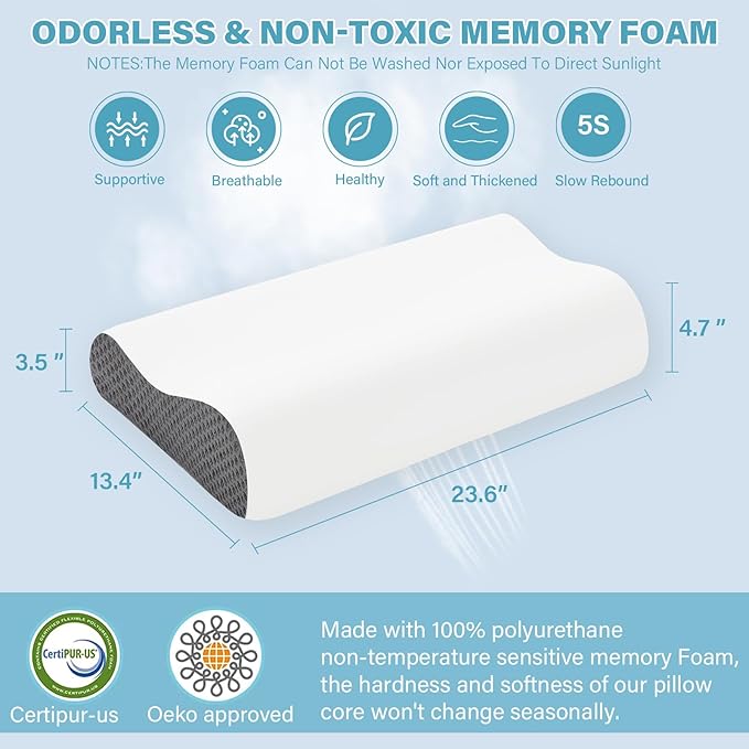 2 Pack Memory Foam Cooling Bed Pillows for Sleeping, Ergonomic Cervical Pillow for Neck and Shoulder Pain Relief, Adjustable Cold Pillow Set of 2,with Pillowcase (Grey)