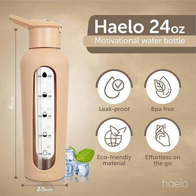 24oz Glass Motivational Water Bottle with Flip Lid Straw, Silicone Protective Sleeve, Handle, Reusable BPA Free (Dune)