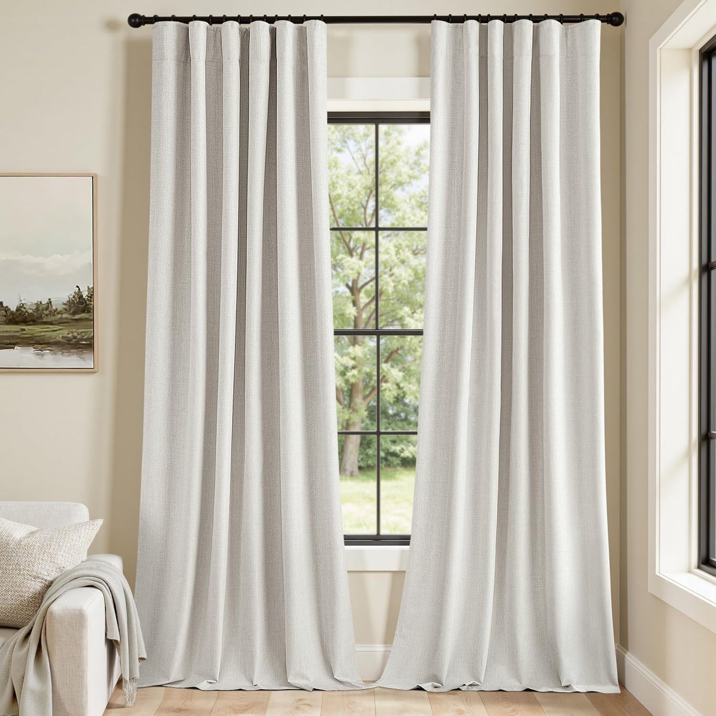 MIULEE 100% Blackout Curtains 84 Inch Long 2 Panels Set for Bedroom, Thick Faux Linen Black Out Curtain Room Darkening Back Tab Pleat Window Textured Drapes with Hooks for Living Room, Light Beige