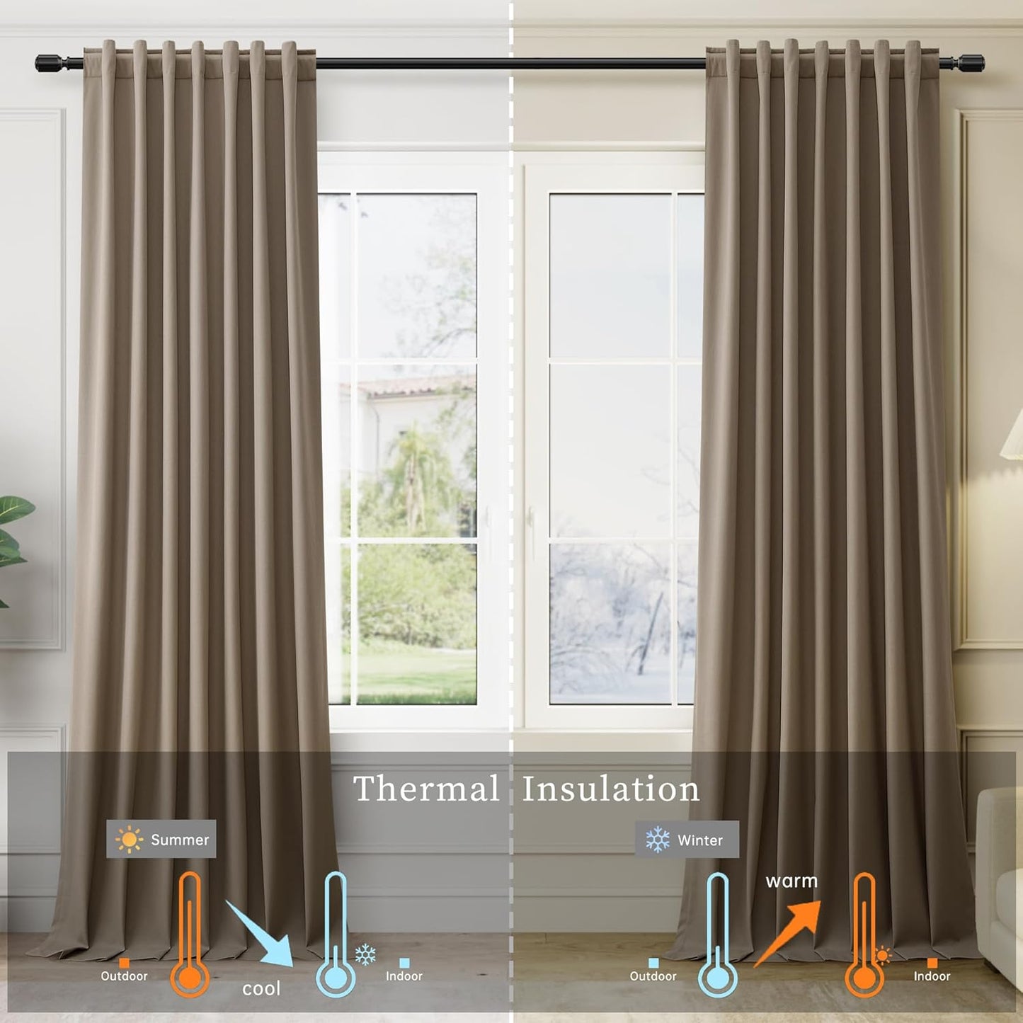 BOODII Room Darkening Curtains Dark Brown Black Out Curtains 96 Inches Long 2 Panel Set Back Tab Neutral Linen Curtain for Sliding Door Modern Farmhouse Living Room Blackout Drapes Soundproof 52x96