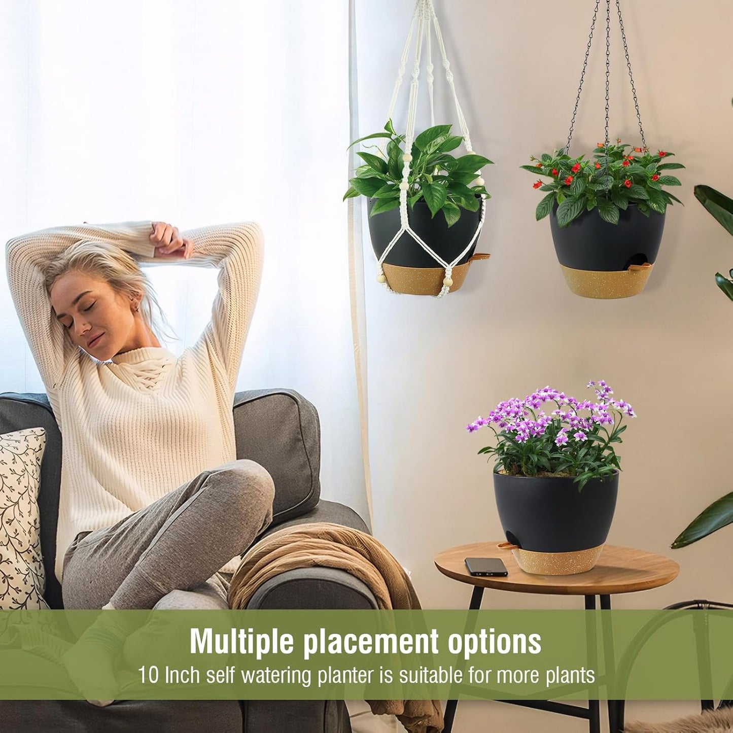 10 inch Self Watering Hanging Planters, 2 Pack Hanging Flower Pots for Indoor Outdoor Plants, Hanging Baskets with Drainage Holes & 2 Kinds of Plant Hangers for Garden Home Decor, Black Brown