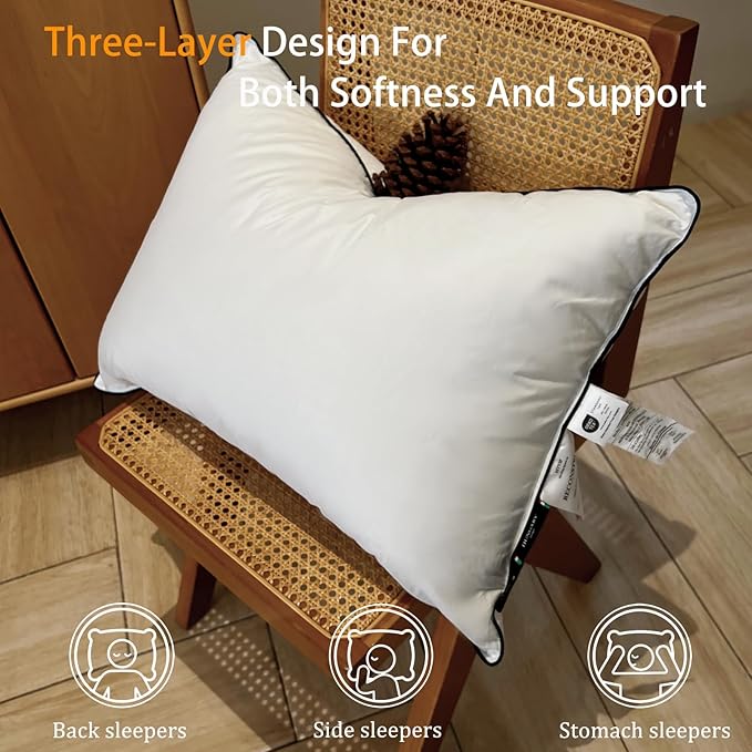 Natural Goose Down Pillows - White Down Pillow Standard Size - 550 Fill Power - Soft and Support Down Bed Pillow for Back,Side,Stomach Sleepers,1 Pack (20" x 26")