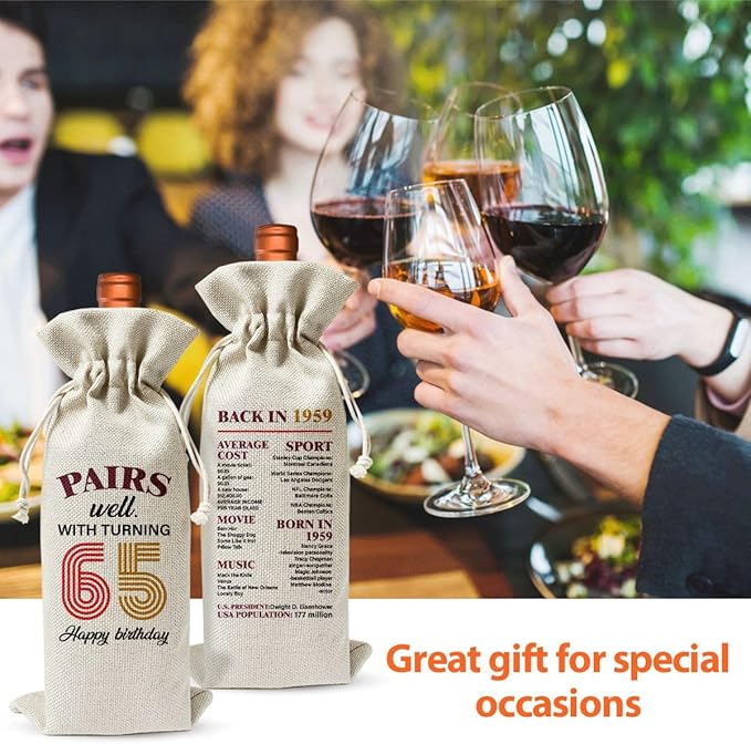 65th Birthday Wine Gift Bag For Mom Dad Women Men Her Him Grandfather Grandmother, 1959 Birthday Gift, 65th Birthday Party Decoration Favors, 65th Anniversary Wine Bag, Linen Wine Bag Gift