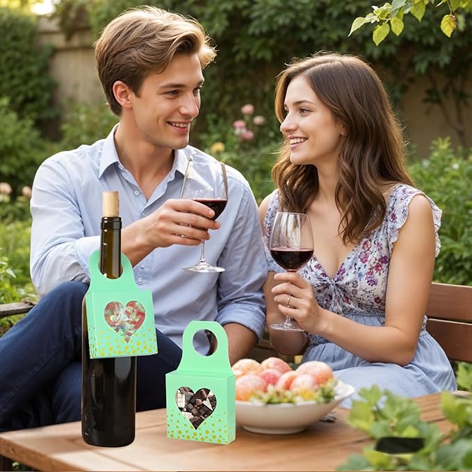 Megitzuu 50 Pieces Wine Bottle Box with Window, Green Wine Boxes for Gifts Hanging Foldable Wine Gift Boxes Kraft Paper Wine Bottle Hanger Favor Box for Holding Candy Truffles Chocolate Cookies