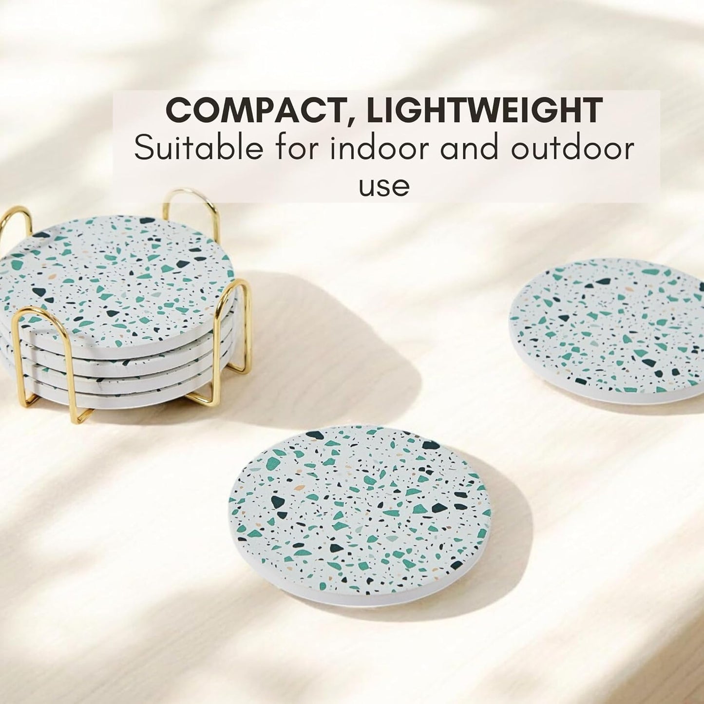 Green Terrazzo Drink Absorbent Coasters with Holder Set of 6, Ceramic Coaster for Drinks, Coffee Table Decor, Water Absorbing Stone Coaster for Drinks (Sage)