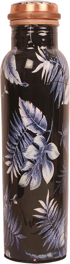 Pure Copper Water Bottle - Handcrafted - Ayurveda health benefits - Large 35 oz - Leak proof - Easy to carry for Sports, Fitness, Yoga, School - Indigo Blue Artistic Petals Motifs Enamel