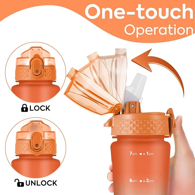 OLDLEY Kids Water Bottle for School with Straw Chug Lid, 15 oz Unbreakable Leak-Proof BPA-Free Motivational Water Bottles with Time Marker for Travel Sports Gym, 2 Lids, Orange/Green
