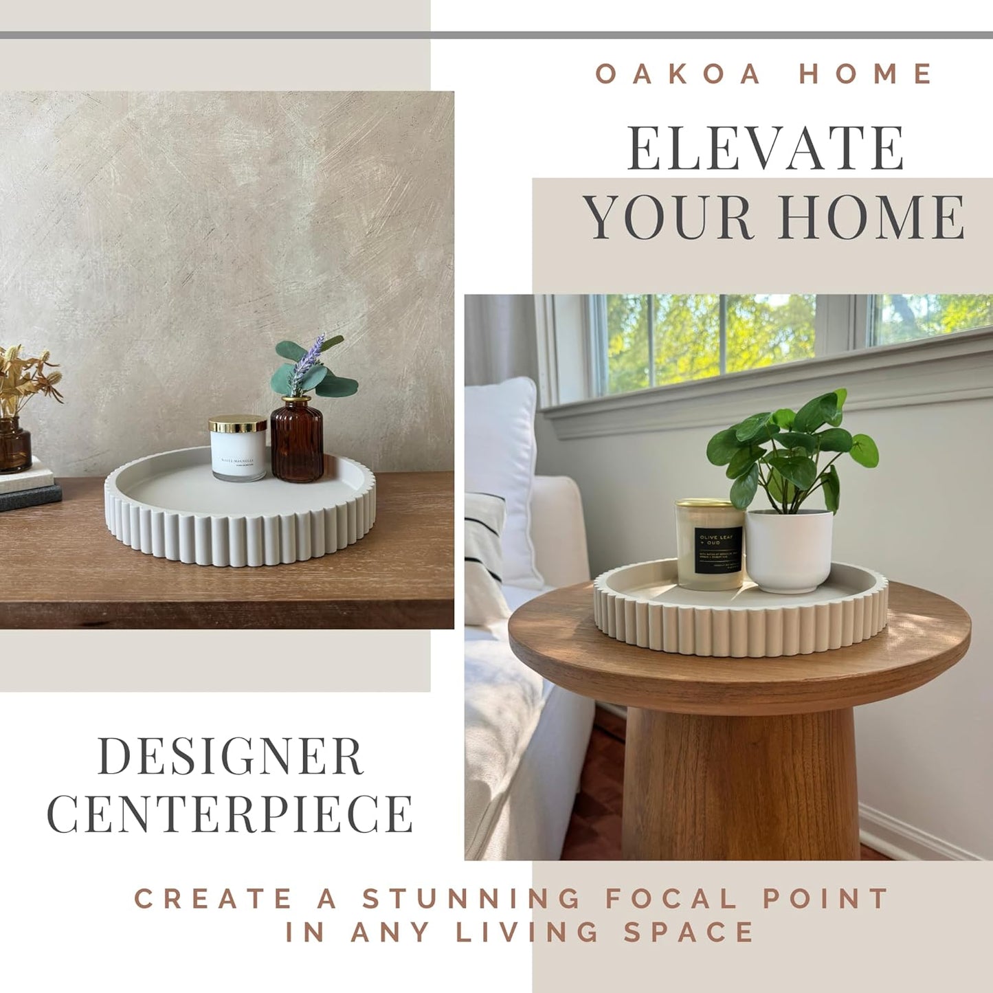 OAKOA Round Decorative Tray for Coffee Table Decor - Concrete Round Tray Home Decor - Bandejas Decorativas - Circle Coffee Table Centerpiece