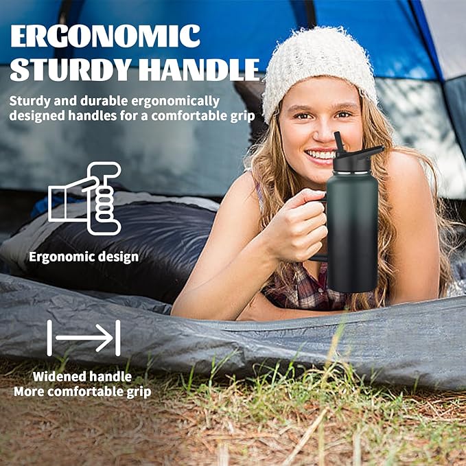 32oz Insulated Water Bottle with Handle, Stainless Steel Sports Metal Water Flask with Straw & 2 Leak Proof Lids, Double Walled Vacuum Wide Mouth Water Bottle for Travel,Camping,Gym (Dark Green Black)