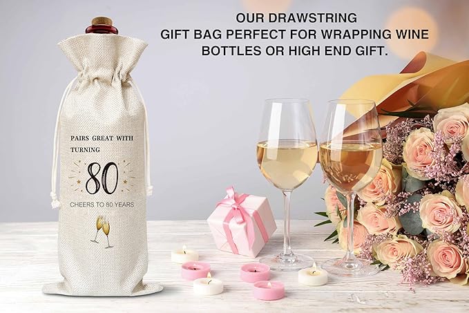 80th Birthday Wine Gift Bag, Cotton Burlap Wine Bags, 1944 Wine Bottle Cover Bag Birthday Gifts for Women, Men, Friends, Co-workers, Teachers, Grandpa, Grandma(02)