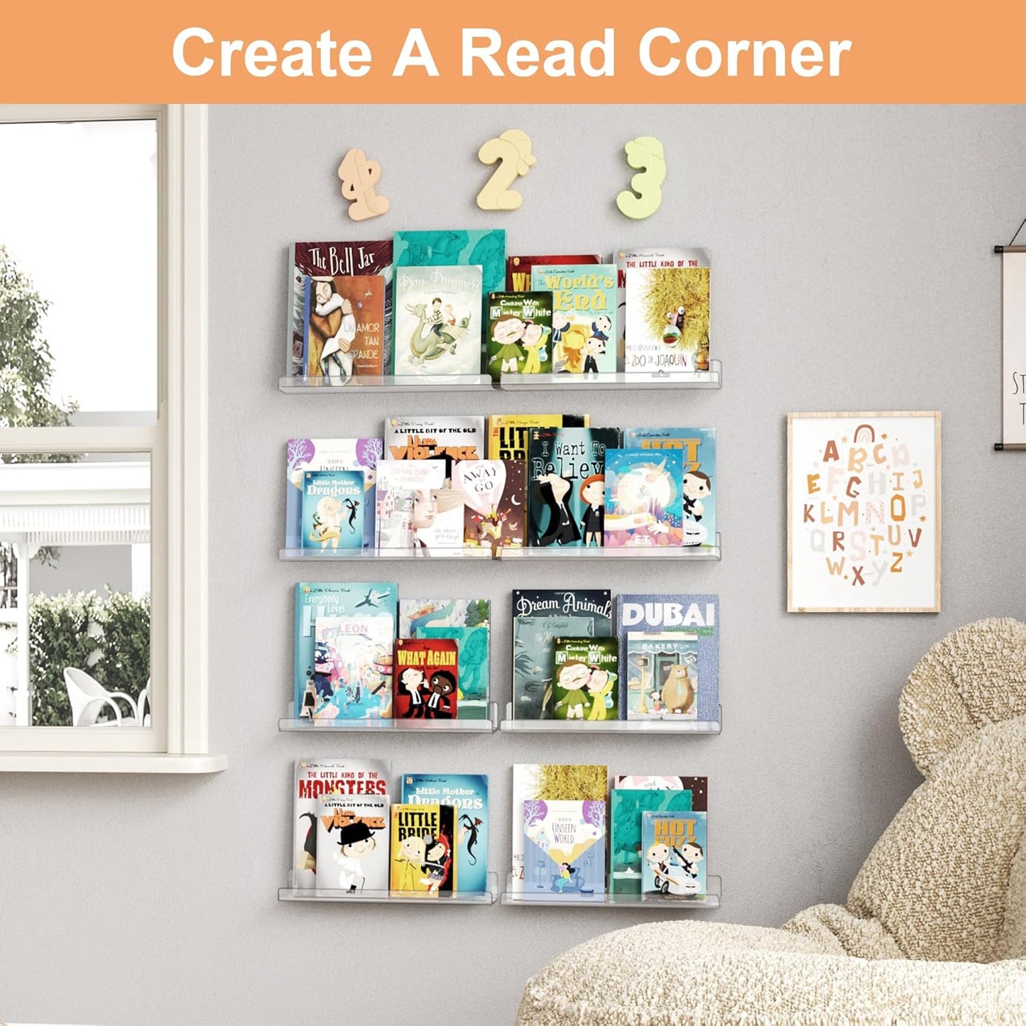 upsimples 10 Pack Acrylic Shelves Wall Organizer and Storage, 15" Display Shelf for Figure, Toy Cars, Perfume, Kids Bookshelf for Bedroom, Nursery, Craft Room, Clear