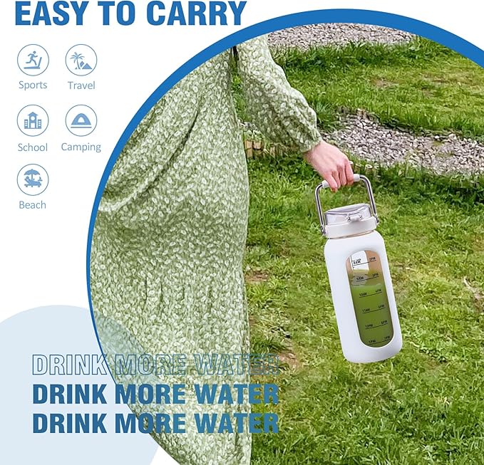 kytffu 64 oz Glass Water Bottle with Straw and Stainless Steel Handle, Half Gallon Water Bottle with Silicone Sleeve and Time Marker, 2L Large Glass Bottle for Gym, School, Travel, Leak-proof (White)