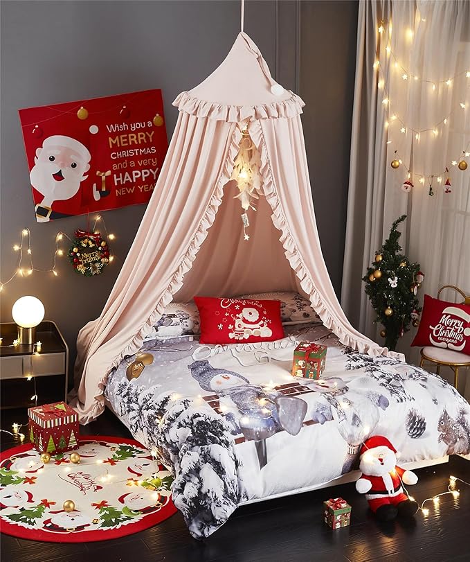 VETHIN Bed Canopy for Girls Kids,Princess Round Dome Children Dreamy Mosquito Net Bedding Girls Room Castle Play Tent Hanging House Decor Reading Nook Canopies (Beige Pink)