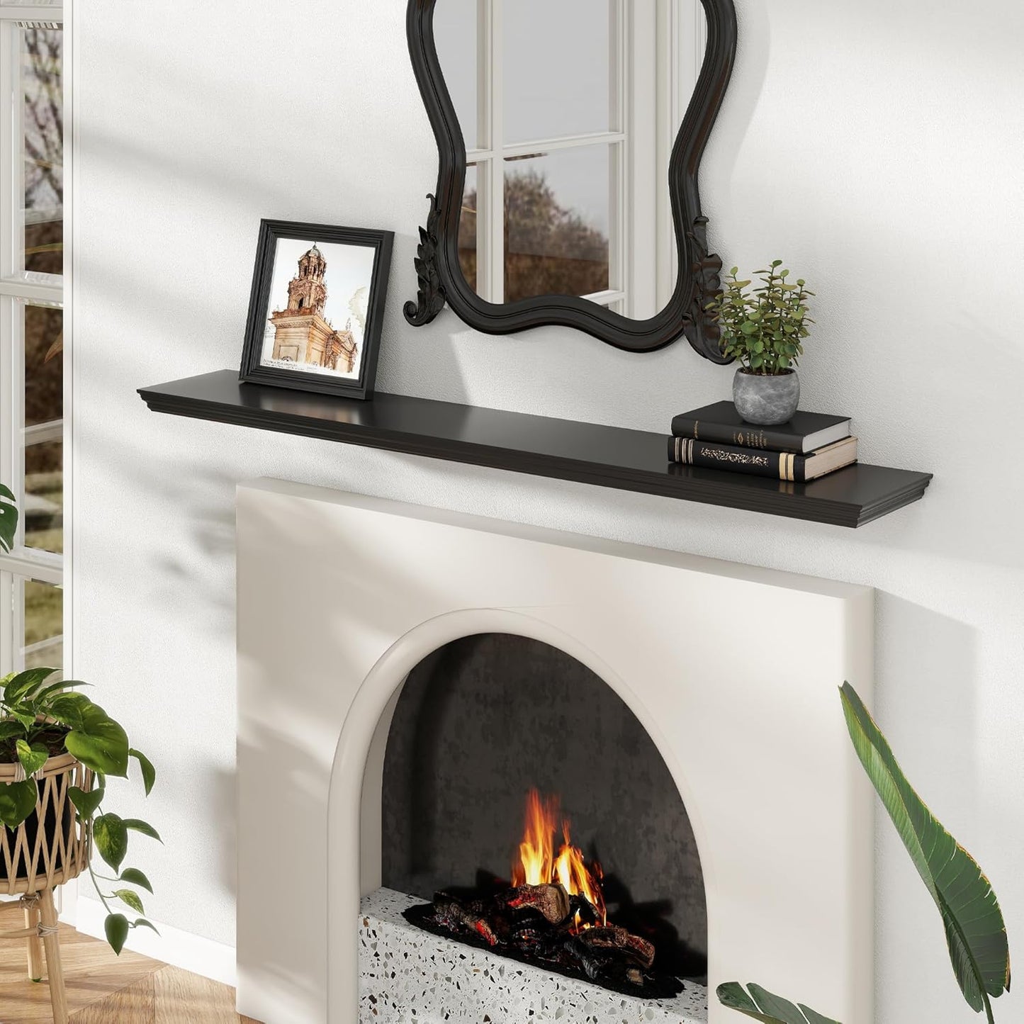 Floating Shelves for Wall, 55 Inch Long Wall Mounted Black Hanging Shelf for Kitchen, Living Room, Office, Bedroom, Bathroom, Retro Vintage Wood Bookshelf for House Decor