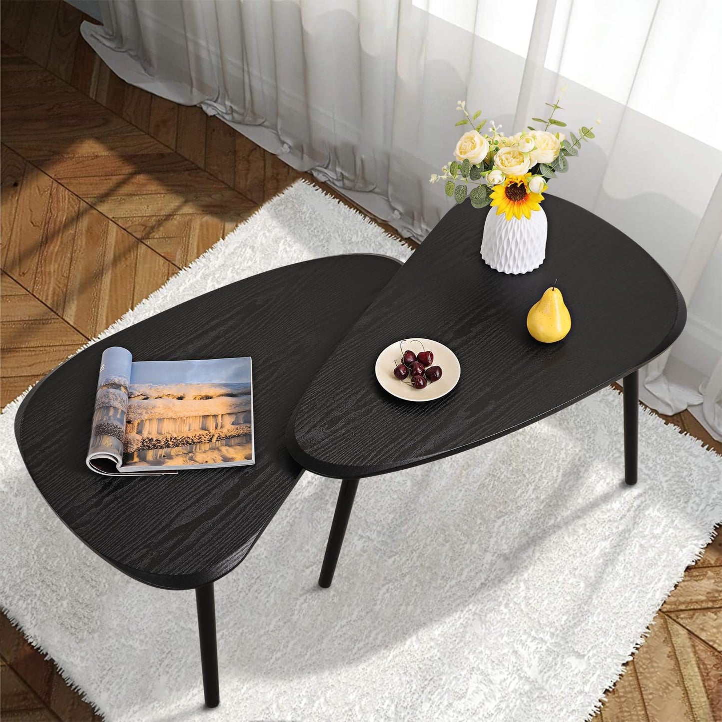 Black Nesting Coffee Tables Set of 2 End Bamboo Table for Living Room Bedroom Apartment Modern Industrial Simple Nightstand 32" D x 20" W x 18.5" H