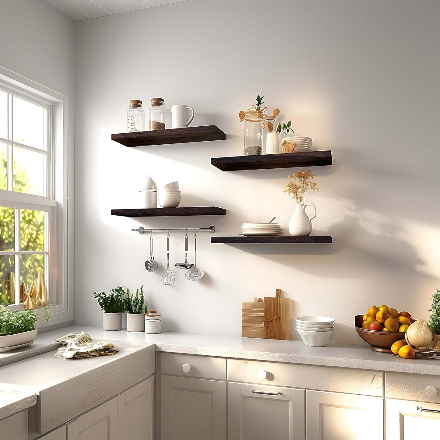 Brown Wood Floating Shelves for Wall Rustic Wall Shelves for Bedroom Set of 6