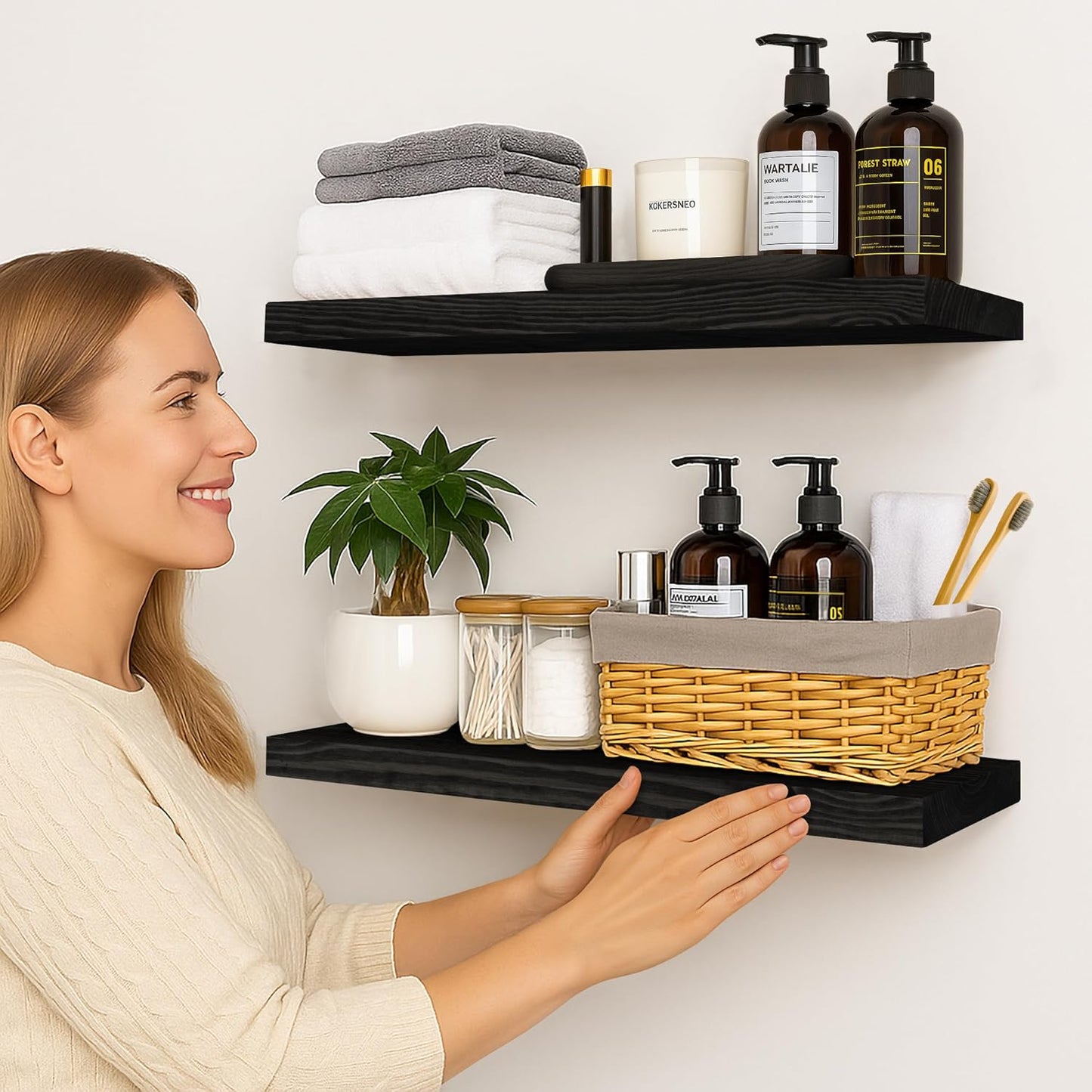 BGMG Wood Floating Shelves 24 inch, Wide Rustic Wooden Wall Shelves for Bathroom Living Room Bedroom Kitchen Farmhouse Set of 2-24x 6.7 x1.25 inch- Black