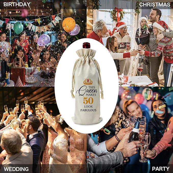 ZHANTUONE,50th Birthday Gift Funny Birthday Wine Bag,Drawstring Polyester Cotton Cloth Wine Bag,Gifts for 50th Women Birthday Wine Bag,Wine Bag Gifts for Mom Grandparents,13IN