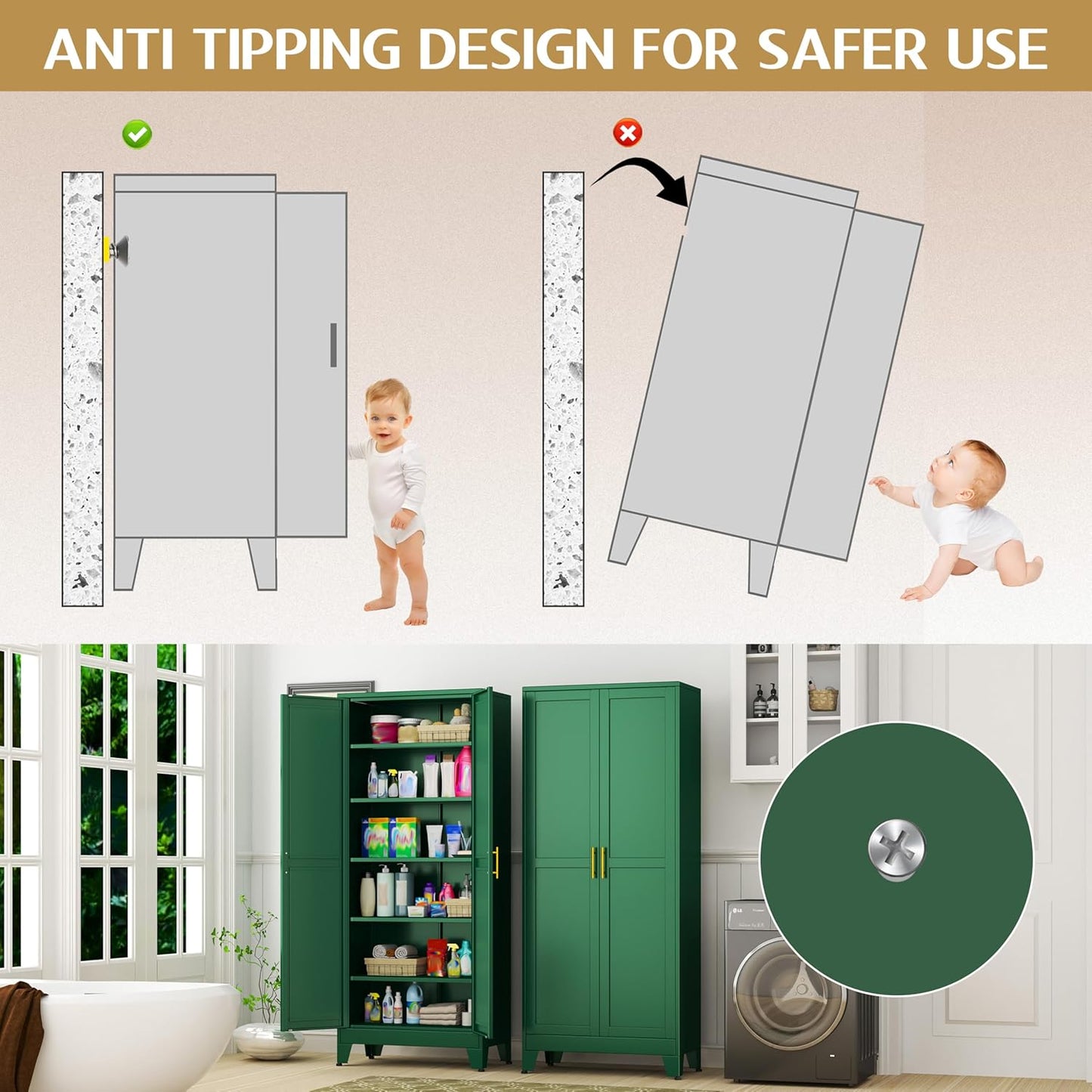 75.2" Tall Kitchen Food Pantry, Pantry Cabinet with 2 Door and 5 Adjustable Shelves, Green Laundry Room Cabinets, Freestanding Pantry for Kitchen, Study Room, Dining Room and Entryway