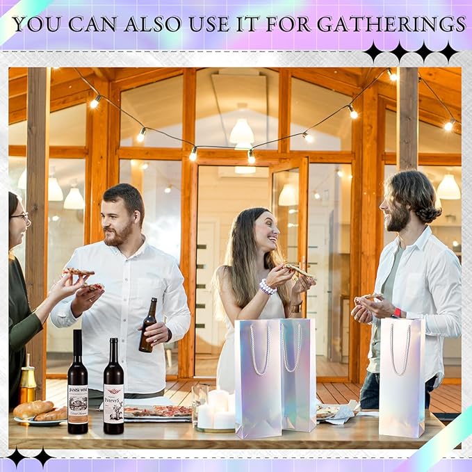 Dunzoom 12 Pcs Iridescent Summer Wine Gift Bags Bulk Holographic Wine Bottle Gift Bag with Handles 14 x 3 x 5 Inch Paper Goodie Bags Wine Bottle Gift Totes for Party Favor Christmas Wedding Birthday