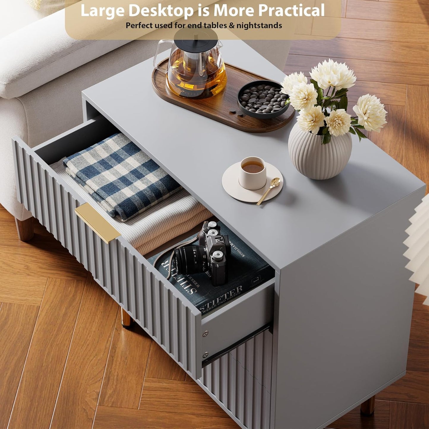 3 Drawer Dresser for Bedroom, Fluted Modern Nightstand with Deep Drawers, Chest of Drawers with Wide Top, Wooden Dresser Organizer, Side Table for Living Room, Hallway, Kids Room, Grey