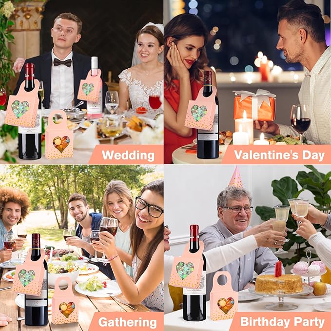 ISKYBOB 25 Pieces Wine Bottle Box with Window, Kraft Paper Wine Boxes for Gifts Hanging Wine Bottle Gift Box Foldable Wine Bottle Hanger Favor Box for Holding Candy Truffles Chocolate Cookies (Pink)