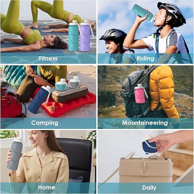 23oz Collapsible Silicone Water Bottle, BPA Free, Portable for Hiking, Travel, Camping, Yoga, Foldable, Leakproof, Lightweight, 690mL