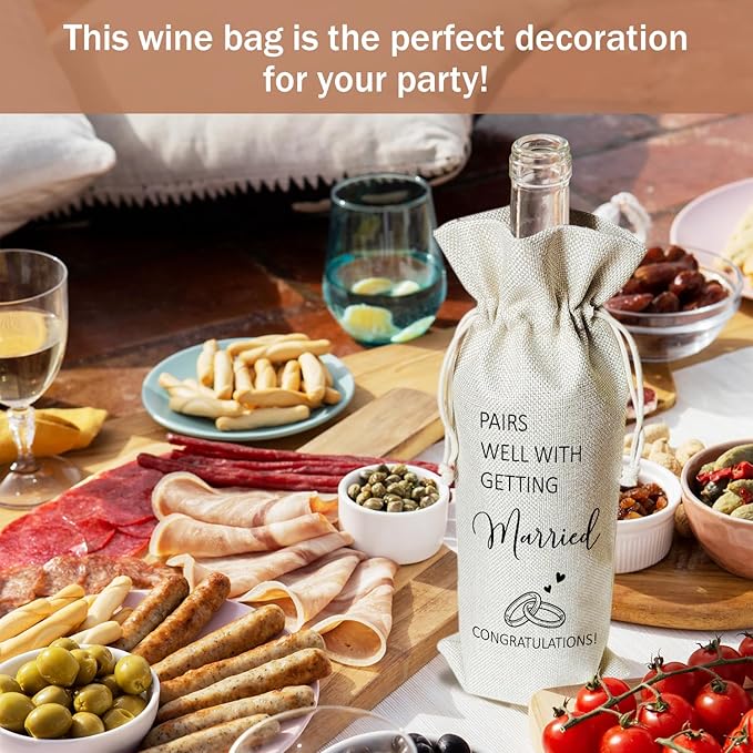 Wedding Wine Gift Bags & Card, Bridal Shower Gift Engagement Gifts for Bride Bride-to-be Newly Engaged Couples Friends, 1 pcs Reusable Burlap Wine Gifts Bags for Wine Bottles, Wedding Party Favor -04