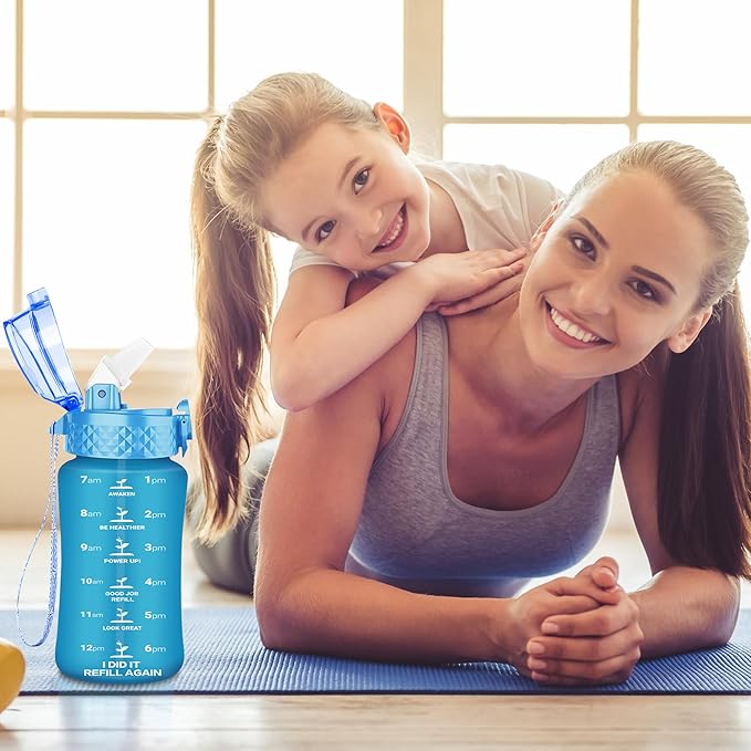 OLDLEY Kids Water Bottle for School, 12 oz (Straw Lid) BPA-Free Reusable Leak-proof Durable Tritan Plastic Water Bottles with One-handed Opening Straw Lids, Anti-dust Spout Cover (Blue)