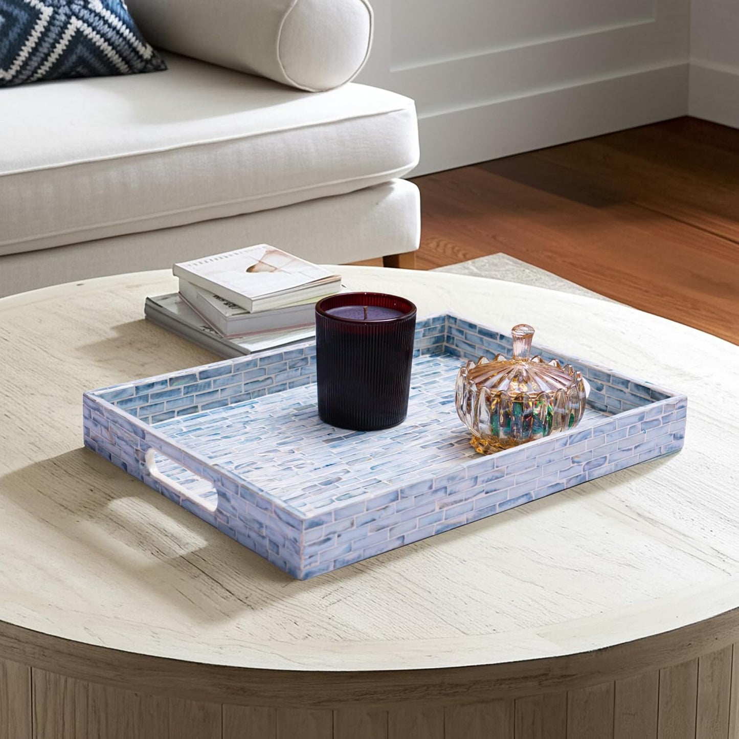 CLAYNIX Serving Tray 12.5 Inch, Wooden Lacquer Tray with Mother of Pearl Inlay, Elegant Tea & Breakfast Tray with Handles (Rectangle)