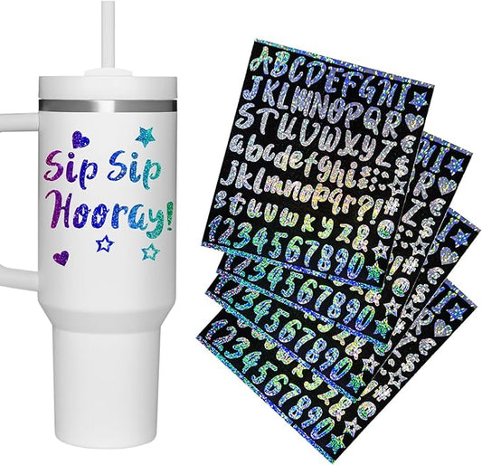 4 Pack Personalized Letters Tags Stickers for Stanley Cups, Self Adhesive Waterproof Vinyl Alphabet Number Sticker, Shiny Logo Decor for Tumbler Adults Kids Laptop Sign Desk Classroom