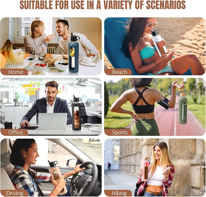 32oz Glass Water Bottle With 2 Lids-Flip Straw Lid, Bamboo Lid, Glass Water Bottle With Silicone Sleeve, Motivational Time Marker, Glass Juice Bottle for Cold Drink,Black
