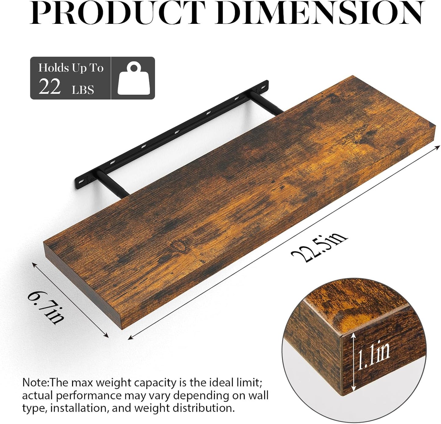 BAYKA Floating Shelves Set of 2, 22.5" Rustic Wood Wall Mounted Shelves for Bedroom, Living Room, Kitchen & Office, Hanging Display Shelf with 22 lbs Capacity (Rustic Brown)