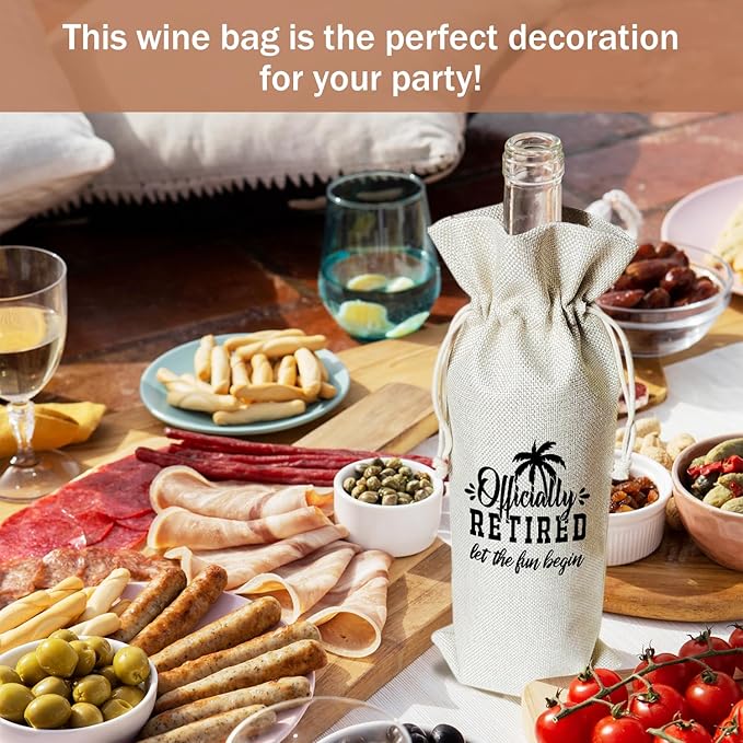 Retirement Wine Gift Bags & Card, Retirement Gifts for Women Men Grandparent Coworker Colleague Leaving Go Away Gifts 1pcs Reusable Burlap Wine Gift Bags for Wine Bottles, Retirement Party Favor -10