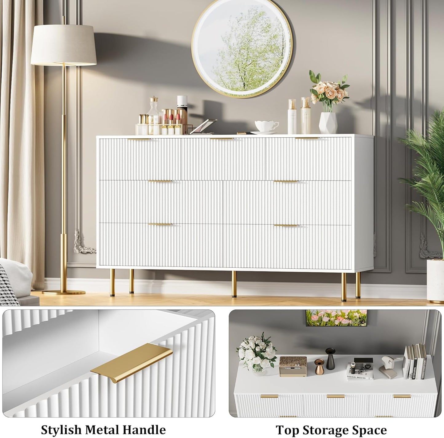 GarveeHome 7 Drawers Dresser for Bedroom, Fluted Chest of Drawers with Gold Handle, Wood Modern Dresser for Closet, Bedroom Furniture Storage Organizer for Living Room, Hallway, White